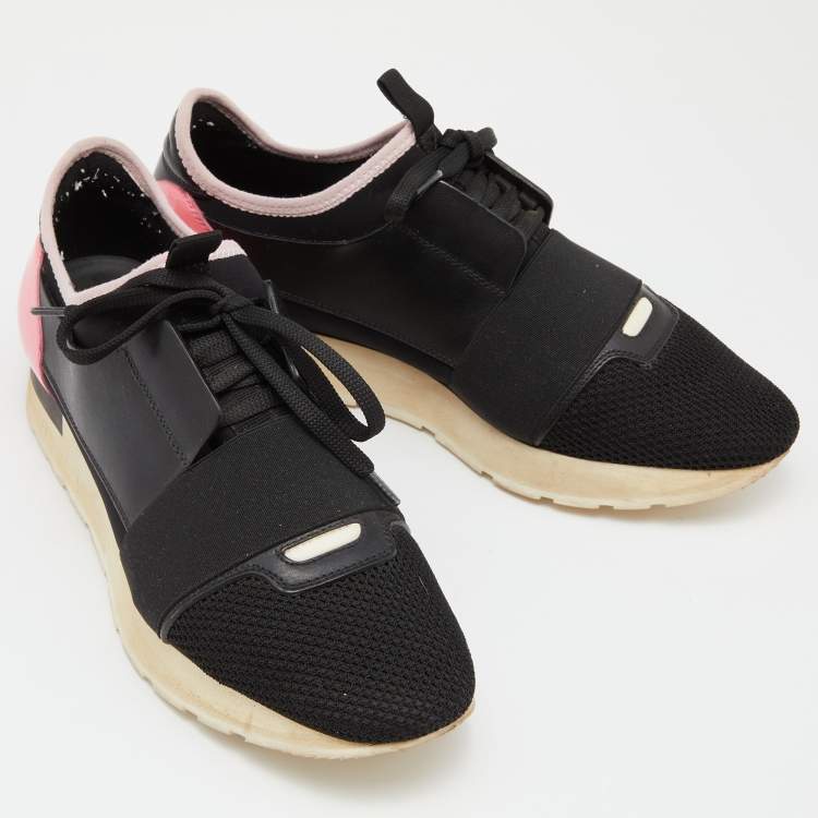 Pre Owned Balenciaga Black Leather and Mesh Race Runner Low Top Sneakers Size 39
