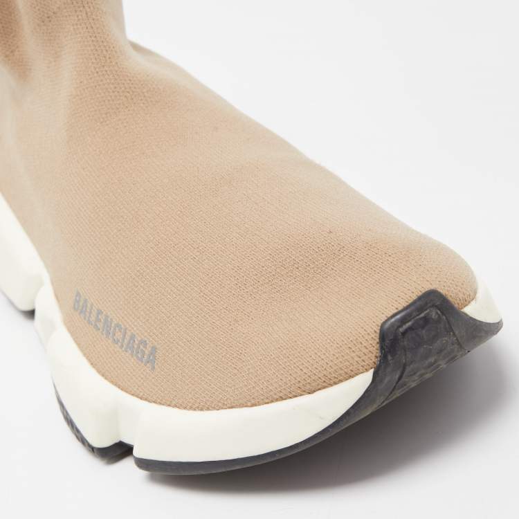 Pre Owned Balenciaga Light Brown Knit Fabric Speed Trainer Sneakers Size 39