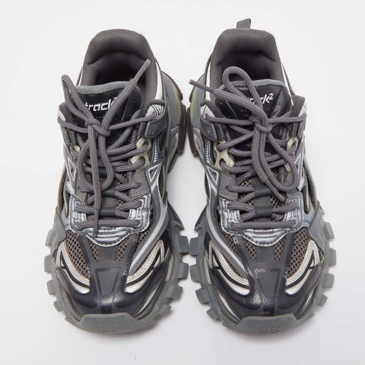 Pre Owned Balenciaga Grey/White Leather and Mesh Track 2 Low Top Sneakers Size 37