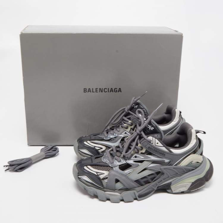Pre Owned Balenciaga Grey/White Leather and Mesh Track 2 Low Top Sneakers Size 37
