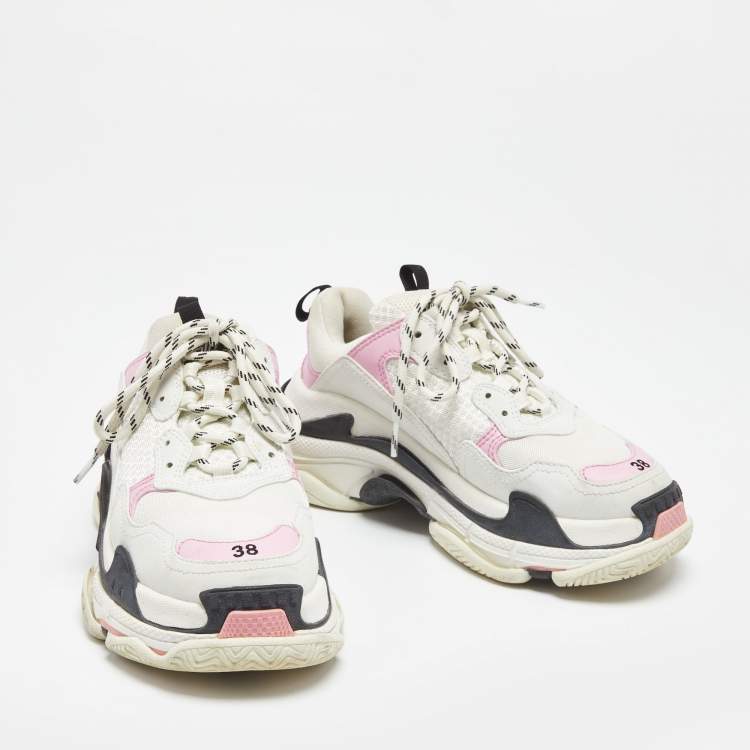 Pre Owned Balenciaga White/Pink Leather and Mesh Triple S Sneakers Size 38
