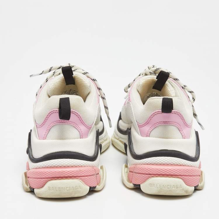 Pre Owned Balenciaga White/Pink Leather and Mesh Triple S Sneakers Size 38