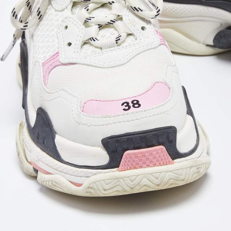 Pre Owned Balenciaga White/Pink Leather and Mesh Triple S Sneakers Size 38