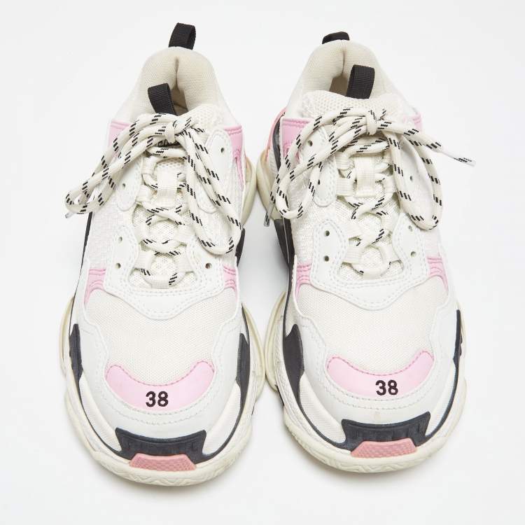 Pre Owned Balenciaga White/Pink Leather and Mesh Triple S Sneakers Size 38