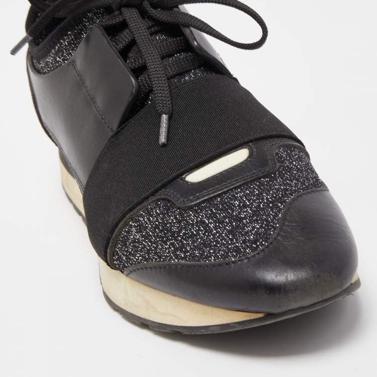 Pre Owned Balenciaga Black Leather and Metallic Fabric Race Runner Sneakers Size 37