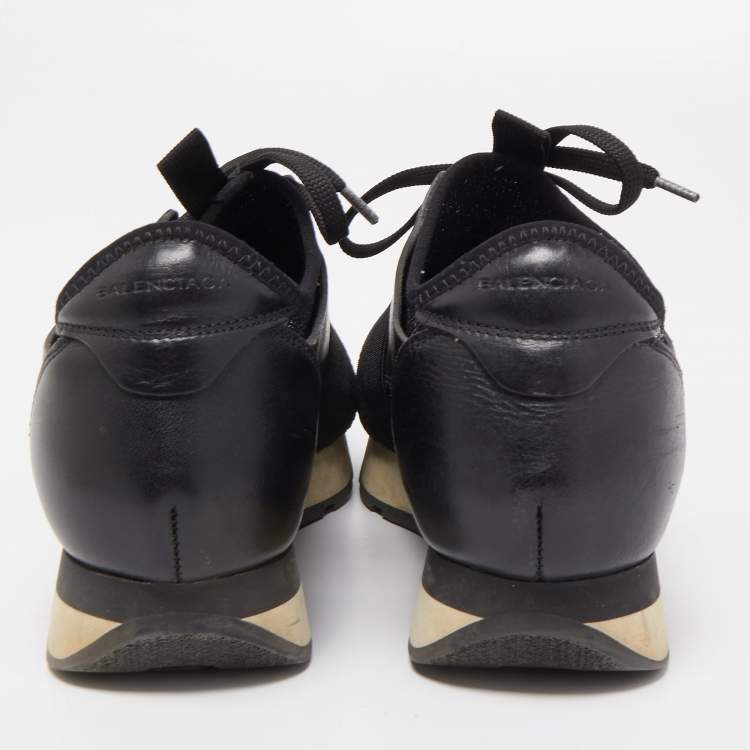Pre Owned Balenciaga Black Leather and Metallic Fabric Race Runner Sneakers Size 37