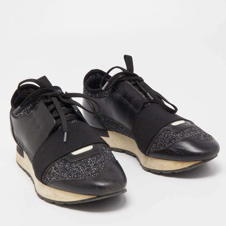 Pre Owned Balenciaga Black Leather and Metallic Fabric Race Runner Sneakers Size 37