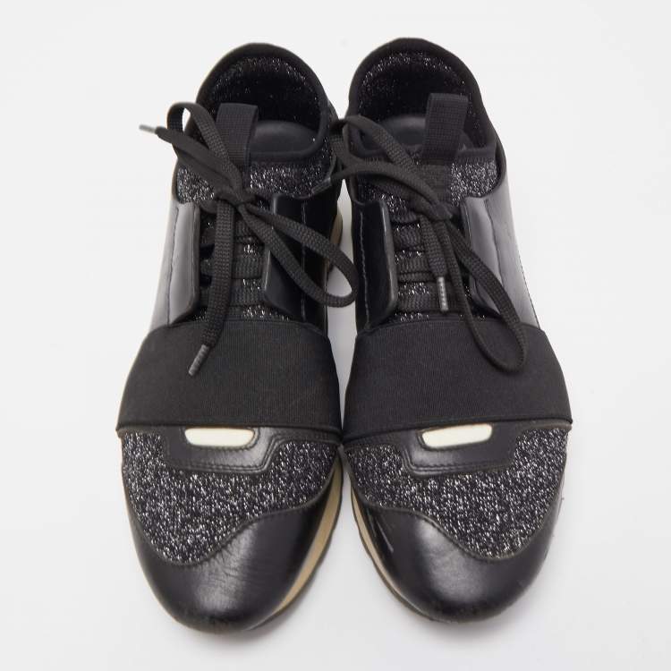 Pre Owned Balenciaga Black Leather and Metallic Fabric Race Runner Sneakers Size 37