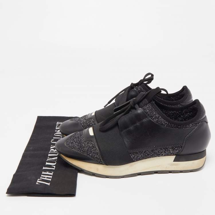 Pre Owned Balenciaga Black Leather and Metallic Fabric Race Runner Sneakers Size 37
