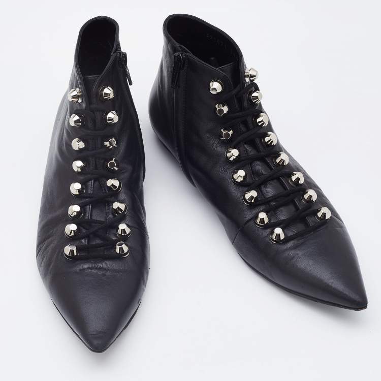 Pre Owned Balenciaga Black Leather Pointed Toe Ankle Boots Size 38.5