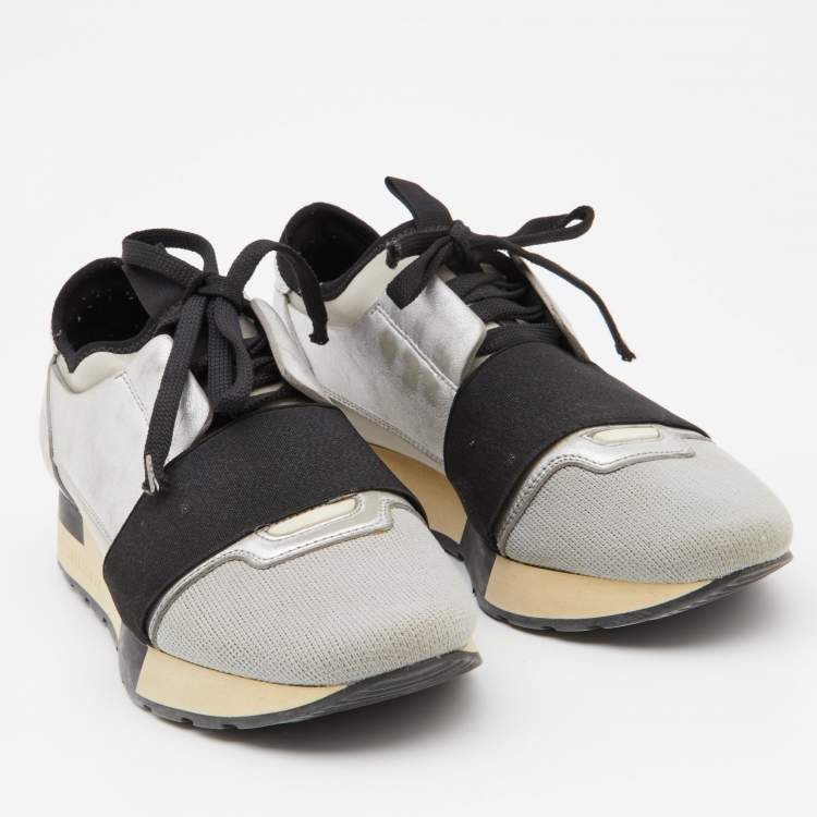 Pre Owned Balenciaga Grey/Silver Leather and Fabric Race Runner Sneakers Size 37