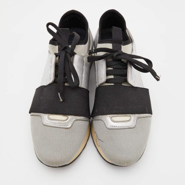 Pre Owned Balenciaga Grey/Silver Leather and Fabric Race Runner Sneakers Size 37