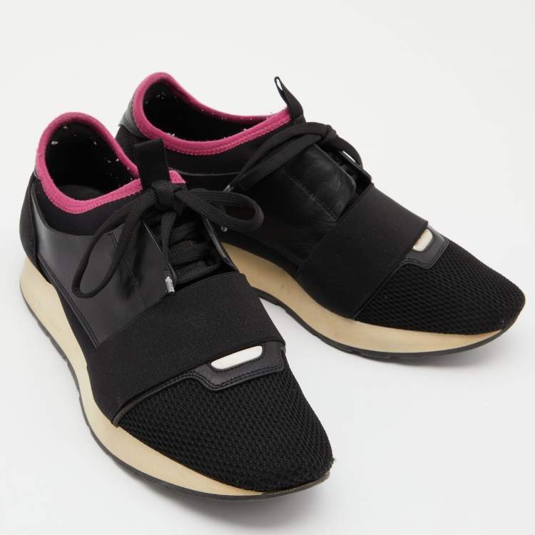 Pre Owned Balenciaga Black Leather and Mesh Race Runner Sneakers Size 39