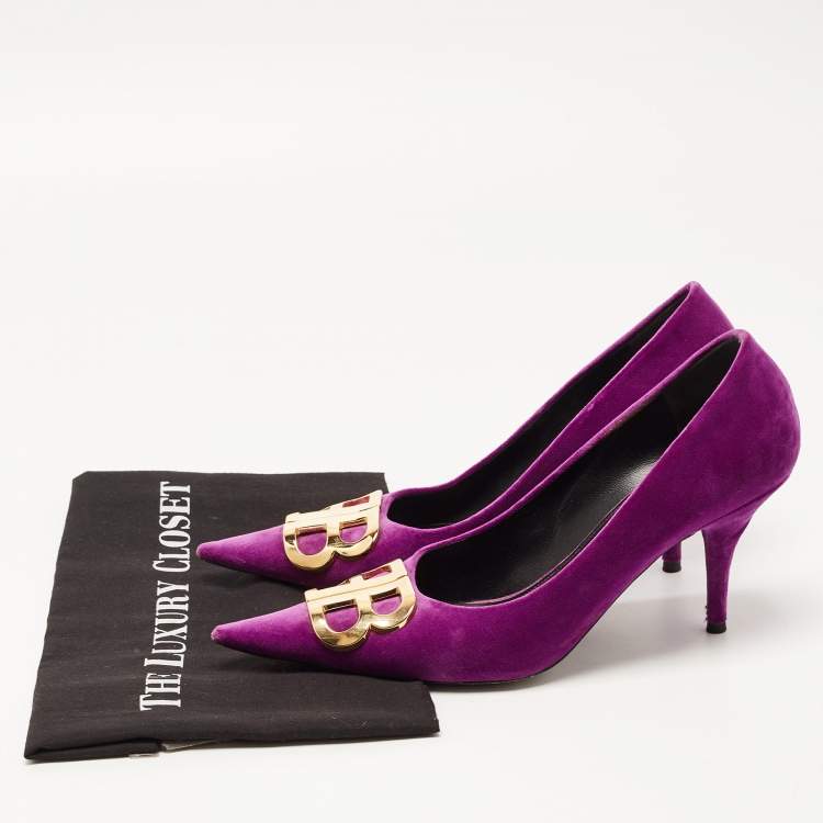 Pre Owned Balenciaga Purple Velvet Pointed Toe BB  Pumps Size 39