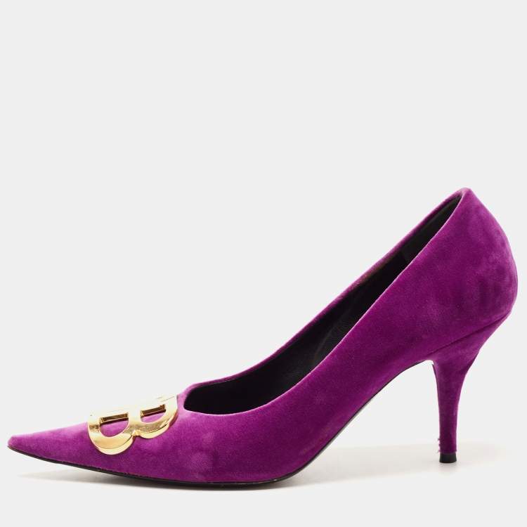Pre Owned Balenciaga Purple Velvet Pointed Toe BB  Pumps Size 39