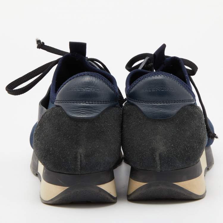 Pre Owned Balenciaga Blue Leather and Mesh Race Runner Sneakers Size 38