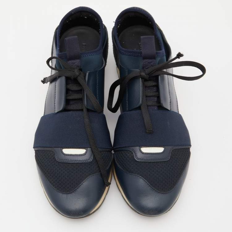 Pre Owned Balenciaga Blue Leather and Mesh Race Runner Sneakers Size 38
