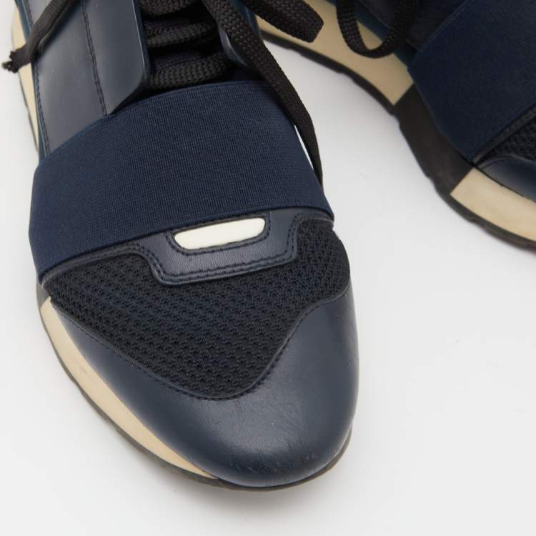 Pre Owned Balenciaga Blue Leather and Mesh Race Runner Sneakers Size 38