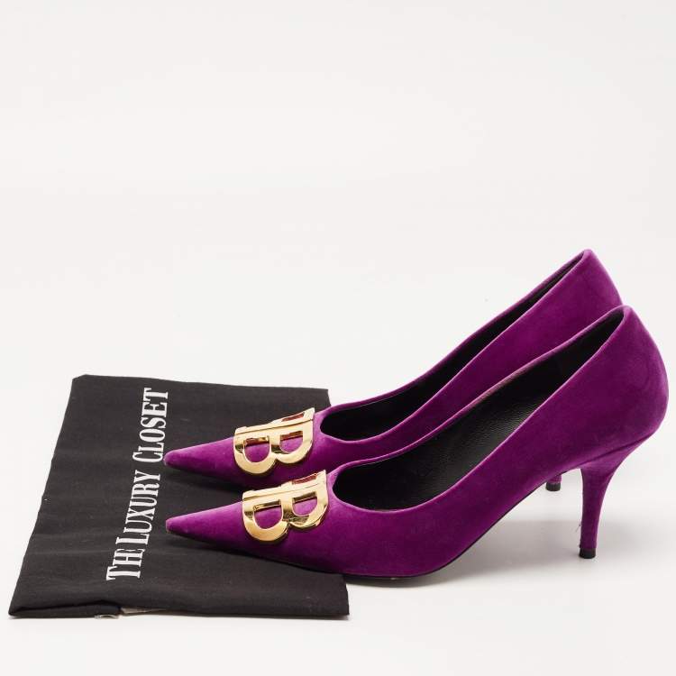 Pre Owned Balenciaga Purple Velvet BB Pumps Size 39