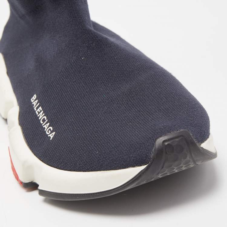 Pre Owned Balenciaga Navy Blue Knit Fabric Speed Trainer Sneakers Size 38