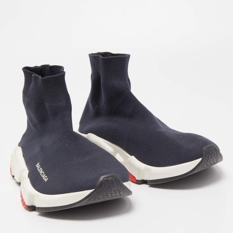 Pre Owned Balenciaga Navy Blue Knit Fabric Speed Trainer Sneakers Size 38