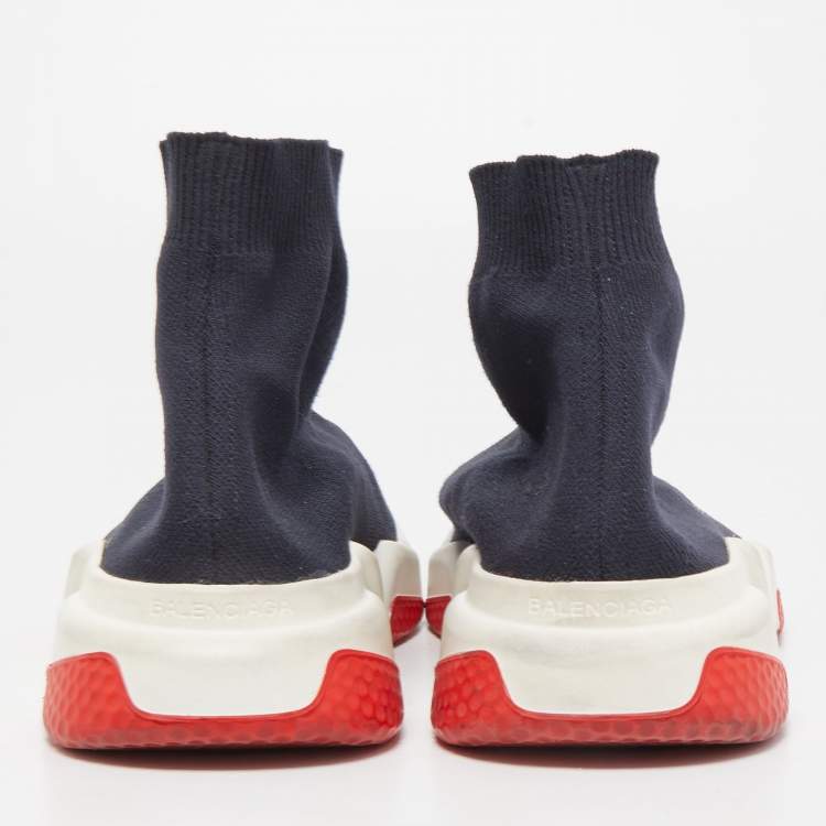 Pre Owned Balenciaga Navy Blue Knit Fabric Speed Trainer Sneakers Size 38