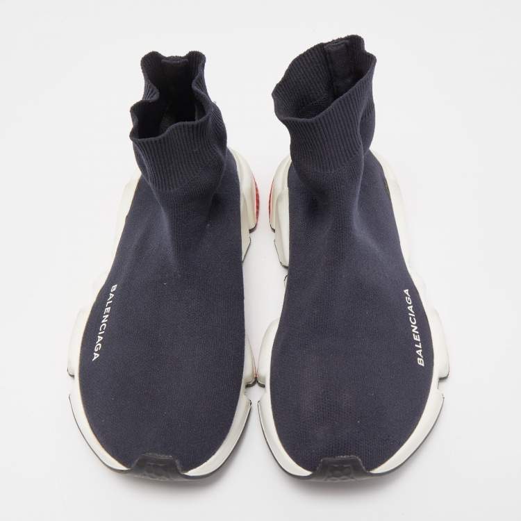 Pre Owned Balenciaga Navy Blue Knit Fabric Speed Trainer Sneakers Size 38