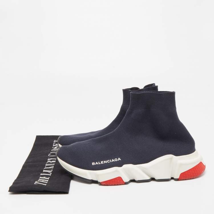 Pre Owned Balenciaga Navy Blue Knit Fabric Speed Trainer Sneakers Size 38