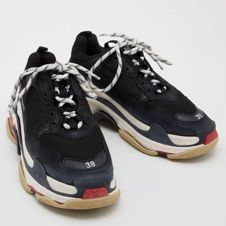 Pre Owned Balenciaga Black Leather and Mesh Triple S Clear Sneakers Size 38