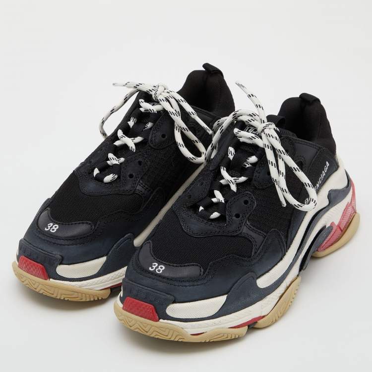 Pre Owned Balenciaga Black Leather and Mesh Triple S Clear Sneakers Size 38