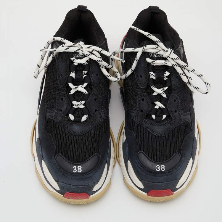 Pre Owned Balenciaga Black Leather and Mesh Triple S Clear Sneakers Size 38