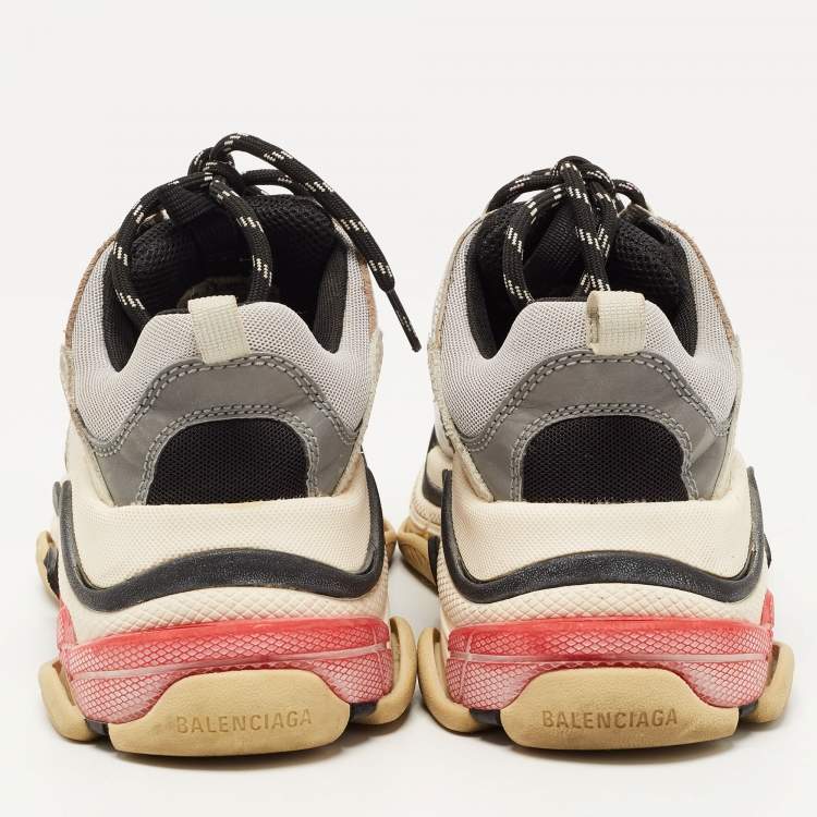 Pre Owned Balenciaga Silver/Grey Leather and Mesh Triple S Sneakers Size 38