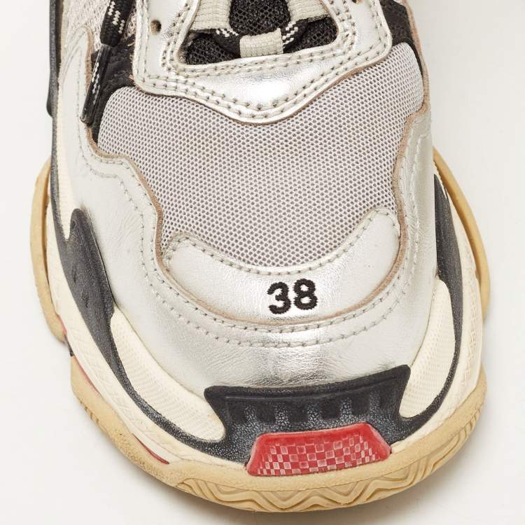 Pre Owned Balenciaga Silver/Grey Leather and Mesh Triple S Sneakers Size 38