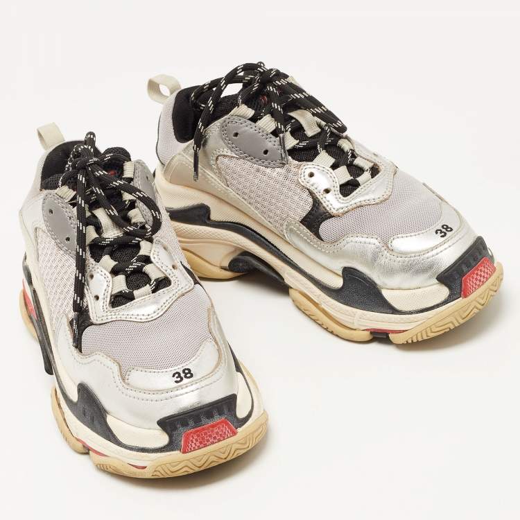 Pre Owned Balenciaga Silver/Grey Leather and Mesh Triple S Sneakers Size 38