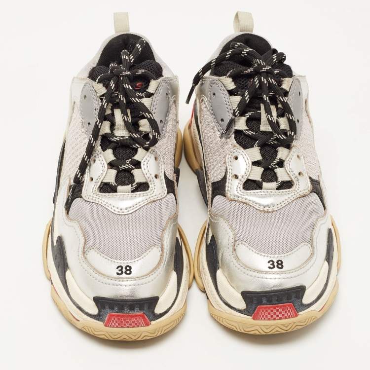 Pre Owned Balenciaga Silver/Grey Leather and Mesh Triple S Sneakers Size 38