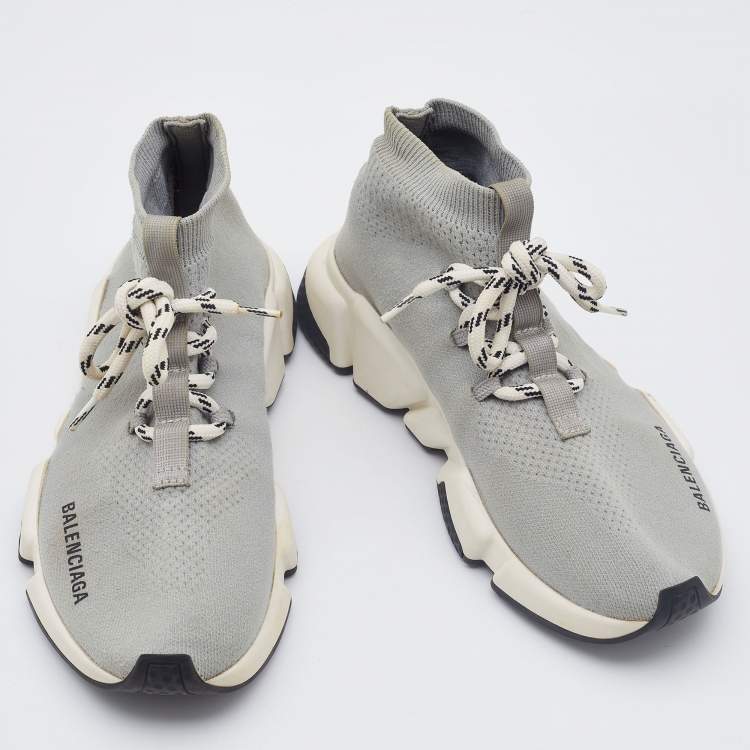 Pre Owned Balenciaga Grey Knit Fabric Speed Trainer Lace Up Sneakers Size 37