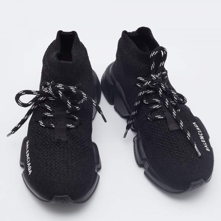 Pre Owned Balenciaga Black Glitter Knit Fabric Speed Trainer Lace Up Sneakers Size 36