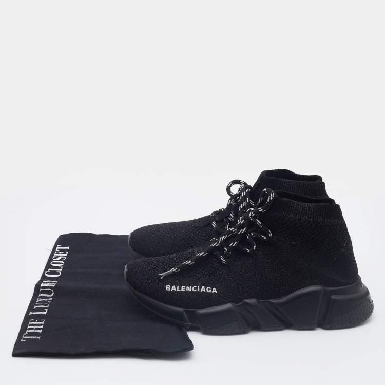 Pre Owned Balenciaga Black Glitter Knit Fabric Speed Trainer Lace Up Sneakers Size 36