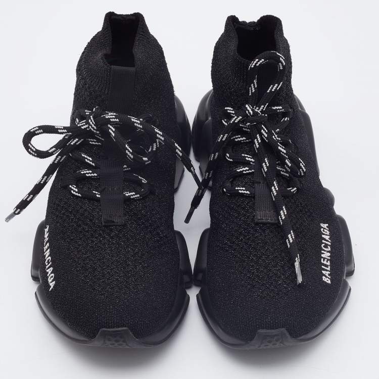 Pre Owned Balenciaga Black Glitter Knit Fabric Speed Trainer Lace Up Sneakers Size 36