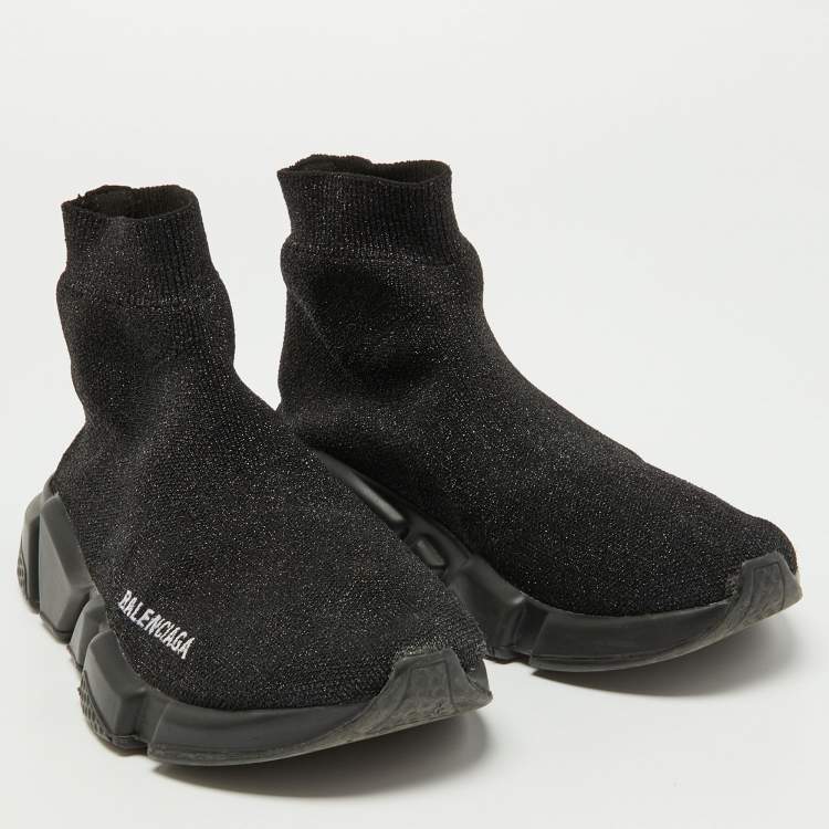 Pre Owned Balenciaga Black Glitter Knit Fabric Speed Trainer Sneakers Size 38