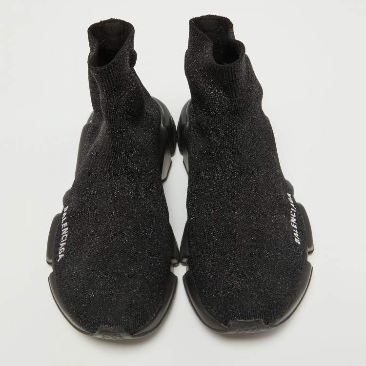 Pre Owned Balenciaga Black Glitter Knit Fabric Speed Trainer Sneakers Size 38