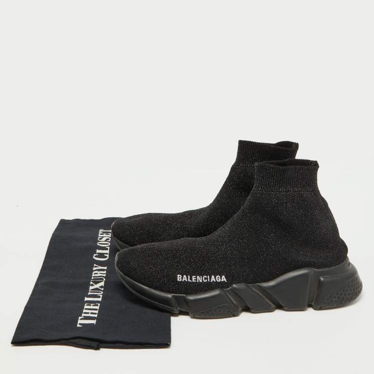 Pre Owned Balenciaga Black Glitter Knit Fabric Speed Trainer Sneakers Size 38