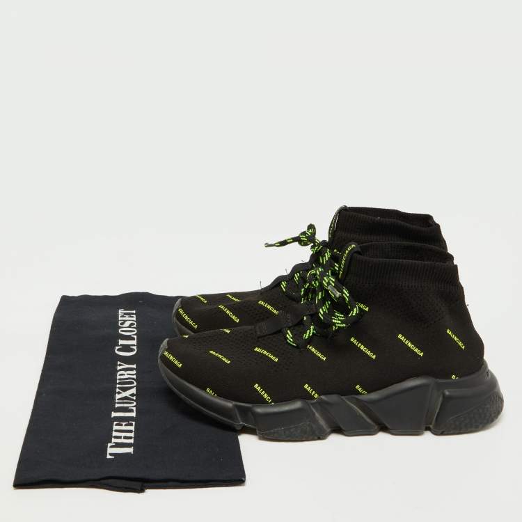Pre Owned Balenciaga Black/Neon Green Logo Print Knit Fabric Speed Trainer Sneakers Size 38