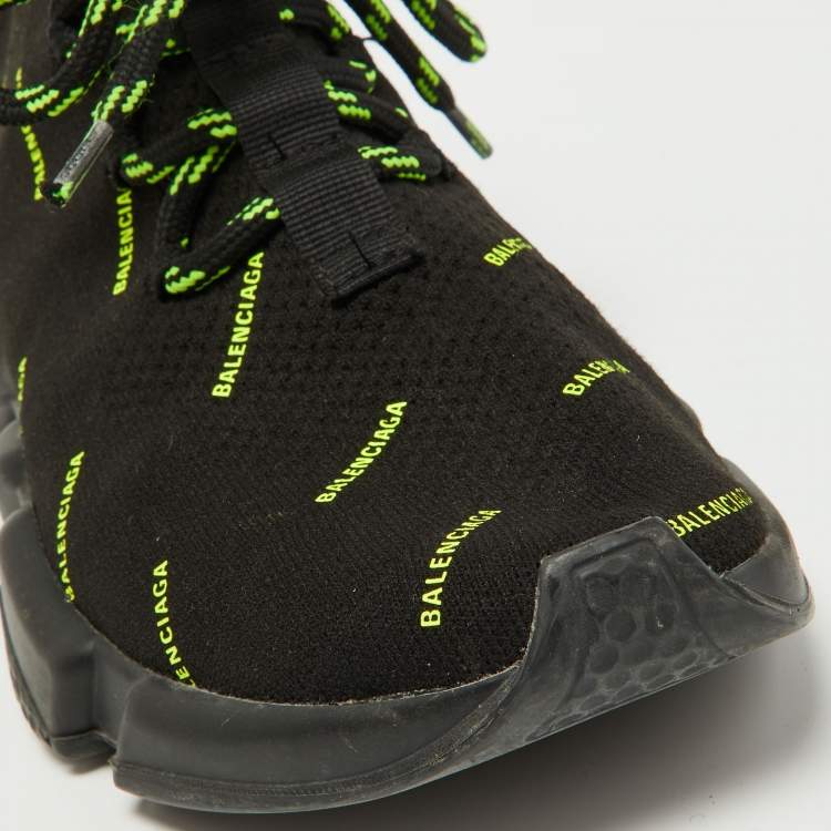 Pre Owned Balenciaga Black/Neon Green Logo Print Knit Fabric Speed Trainer Sneakers Size 38