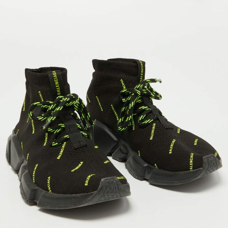 Pre Owned Balenciaga Black/Neon Green Logo Print Knit Fabric Speed Trainer Sneakers Size 38