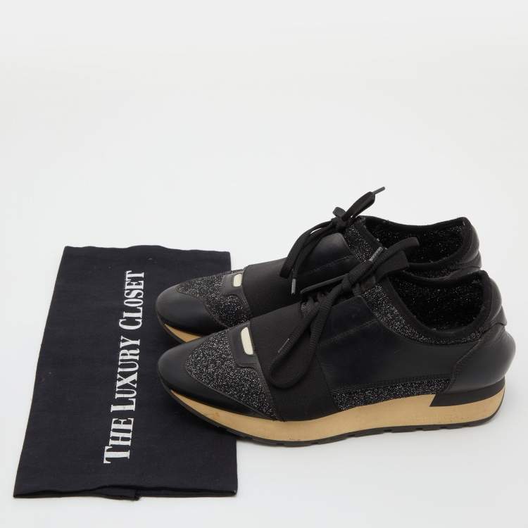 Pre Owned Balenciaga Black Leather and Glitter Fabric Race Runner Sneakers Size 38