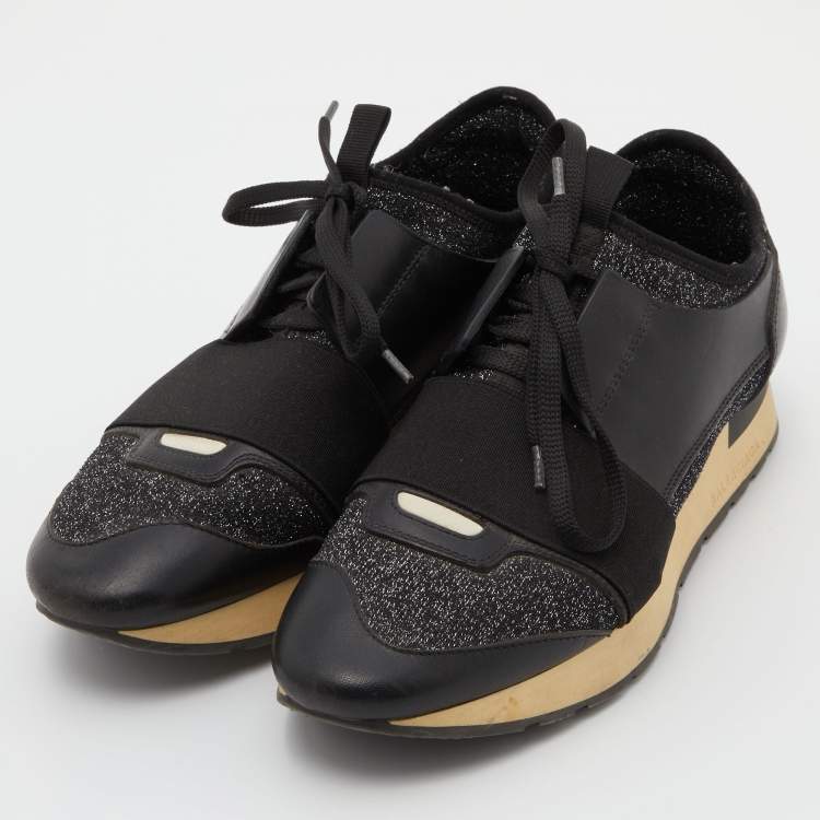 Pre Owned Balenciaga Black Leather and Glitter Fabric Race Runner Sneakers Size 38