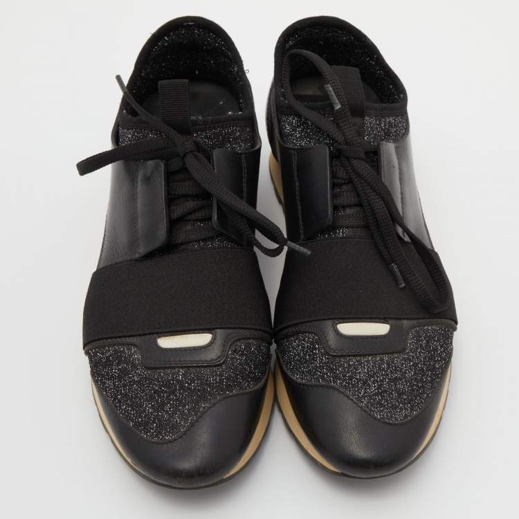 Pre Owned Balenciaga Black Leather and Glitter Fabric Race Runner Sneakers Size 38