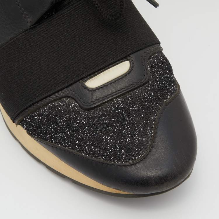 Pre Owned Balenciaga Black Leather and Glitter Fabric Race Runner Sneakers Size 38