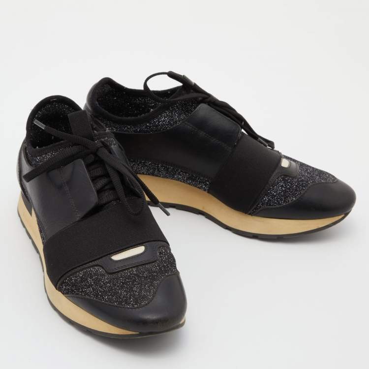Pre Owned Balenciaga Black Leather and Glitter Fabric Race Runner Sneakers Size 38